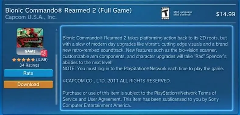 Bionic Commando Rearmed 2 requires constant PSN connection for DRM