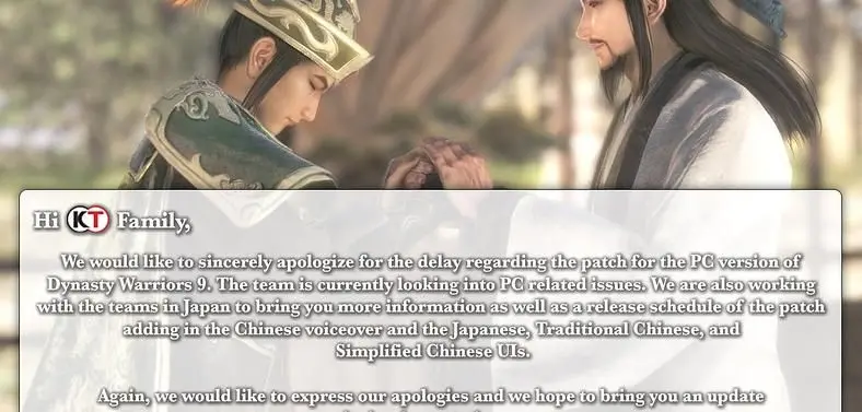 Koei Says Sorry for Delayed Dynasty Warriors 9 PC Patch