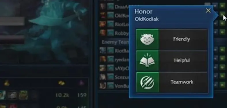 Honor system implemented in League of Legends